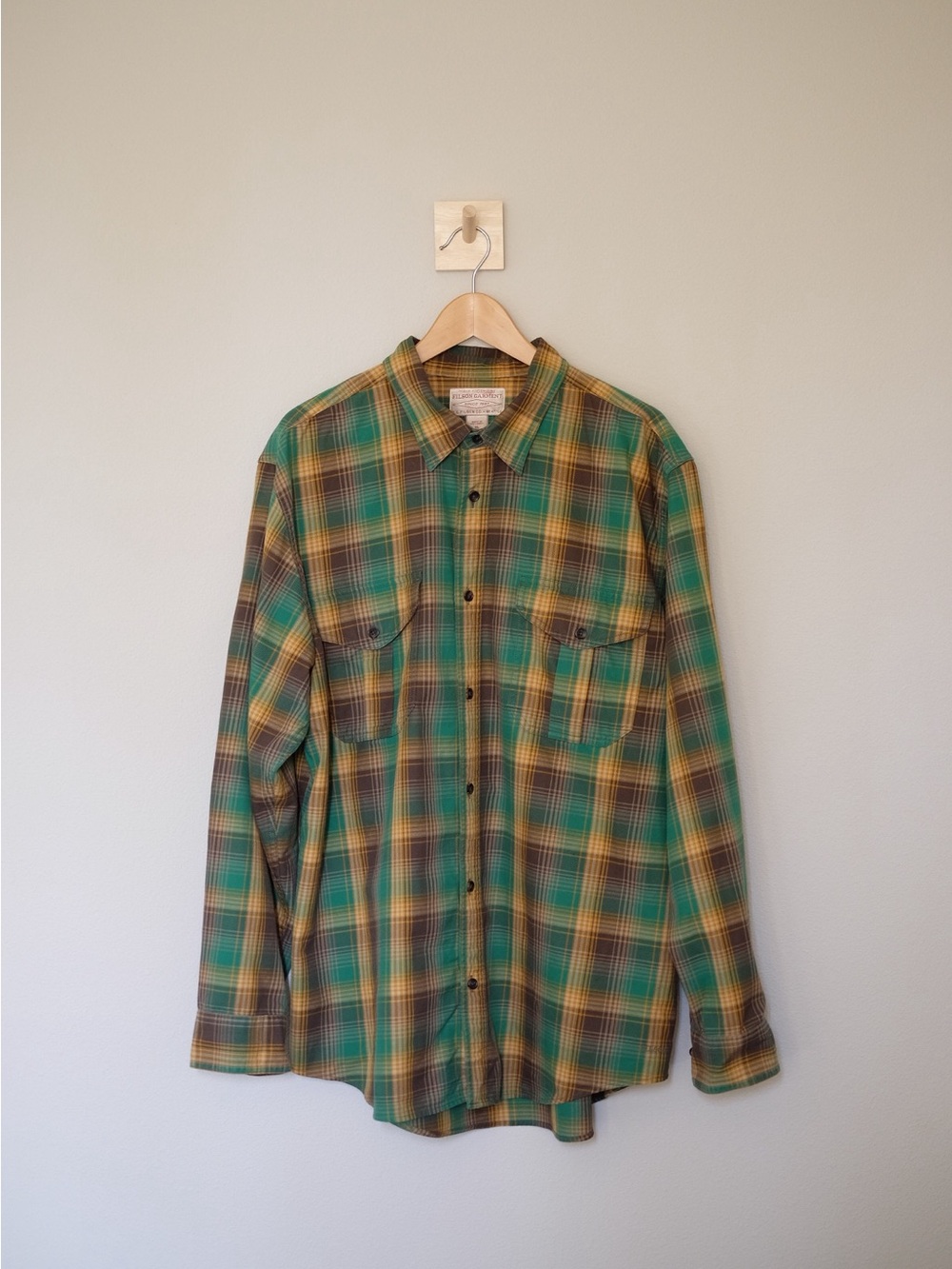 Filson Green Yellow and Brown Plaid Cotton Button-Down Shirt
